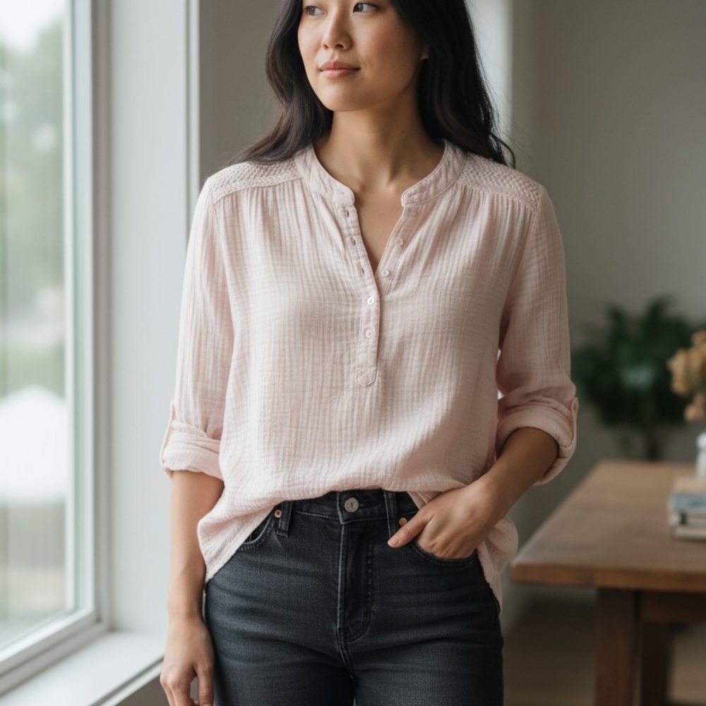 Olivaceous Peach Pink Gauze Cotton Quarter Button Band Collar Top Small